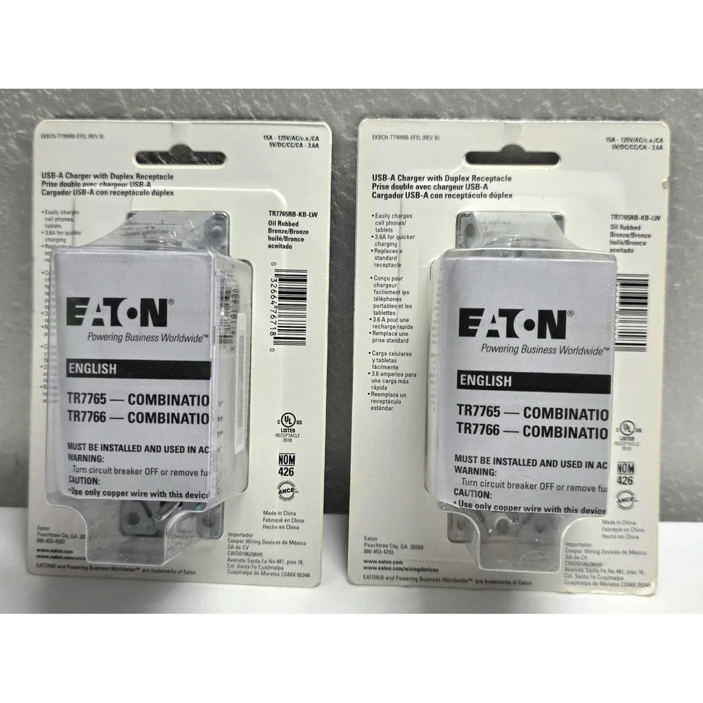 (2) Eaton USB-A Charger Duplex Receptacle 15A 125V Oil Rubbed Bronze TR7765